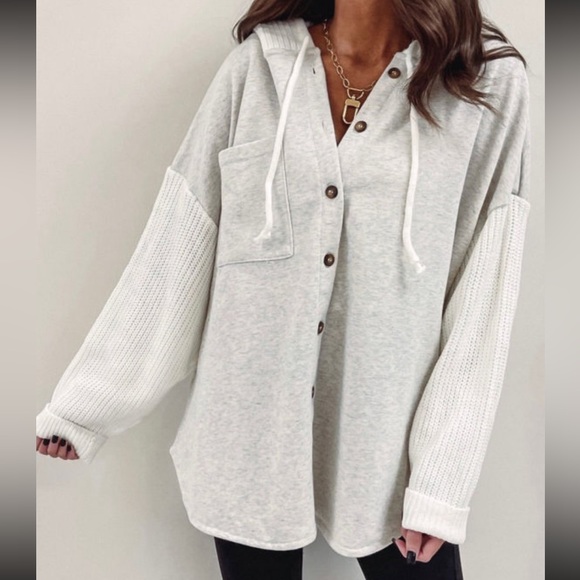 Y2K Jersey Sweater Sleeve Gray Button Up Knitted Long Sleeve - Picture 3 of 14